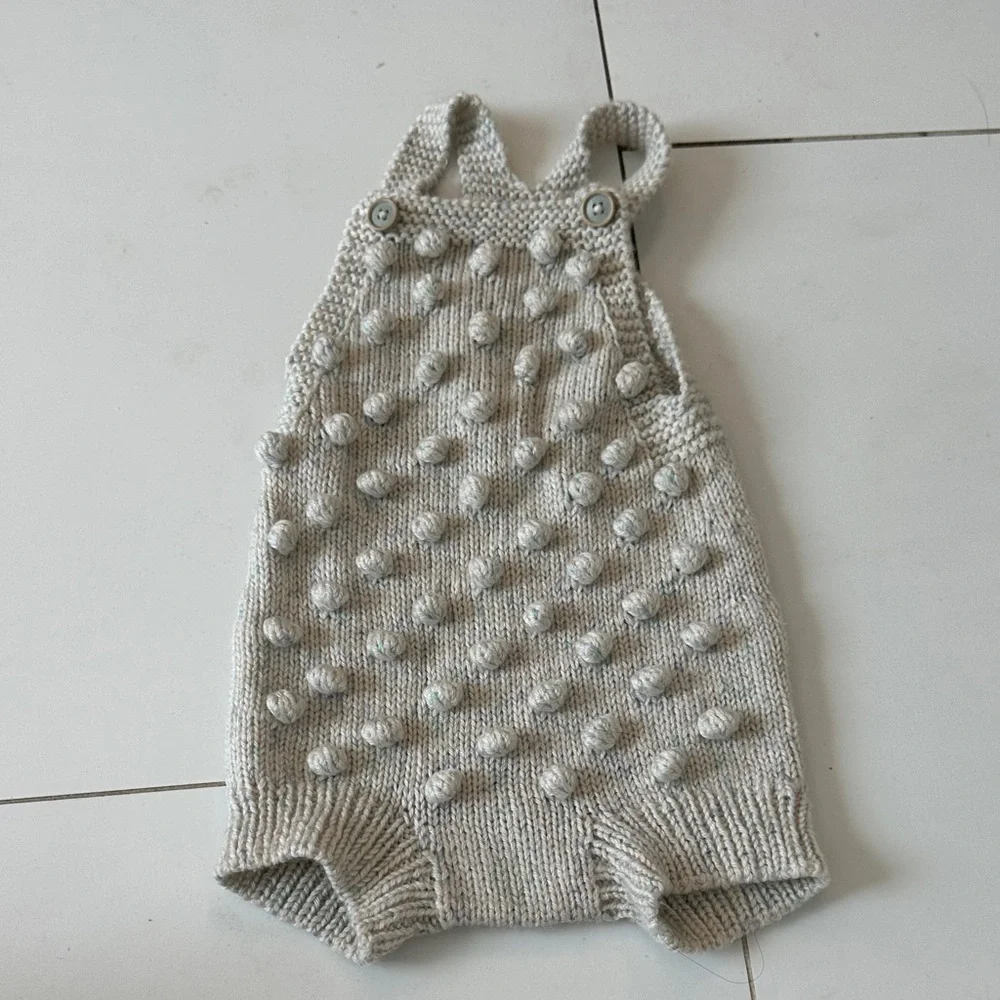 Pom Pom ivory blue Knitted Baby Romper 3/6m